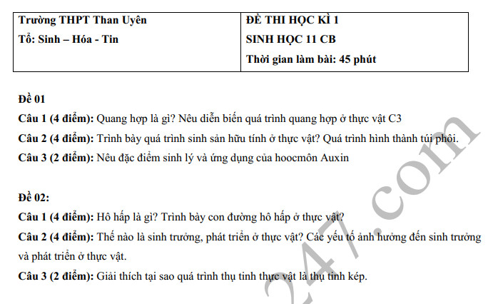 De thi ki 1 lop 11 mon Sinh THPT Than Uyen nam 2019