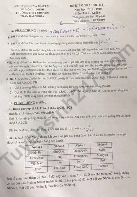 De thi lop 11 ki 1 mon Toan THPT Chuyen Tran Dai Nghia nam 2019