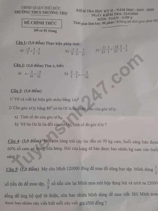 De thi hoc ki 2 lop 6 mon Toan - THCS Truong Tho nam 2020
