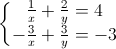 \left\{\begin{matrix}\frac{1}{x}+\frac{2}{y}=4\\-\frac{3}{x}+\frac{3}{y}=-3\end{matrix}\right.