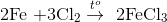 {\rm{2Fe}}\,\,{\rm{ + 3C}}{{\rm{l}}_{\rm{2}}}\overset{t^{o}}{\rightarrow}\,\,{\rm{ 2FeC}}{{\rm{l}}_{\rm{3}}}