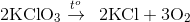{\rm{2KCl}}{{\rm{O}}_{\rm{3}}}\overset{t^{o}}{\rightarrow}\,\,\,{\rm{ 2KCl + 3}}{{\rm{O}}_{\rm{2}}}