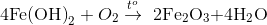 {\rm{4Fe(OH}}{{\rm{)}}_2} + {O_2}\overset{t^{o}}{\rightarrow}\,\,{\rm{ 2F}}{{\rm{e}}_{\rm{2}}}{{\rm{O}}_{\rm{3}}}{\rm{ + 4}}{{\rm{H}}_{\rm{2}}}{\rm{O}}
