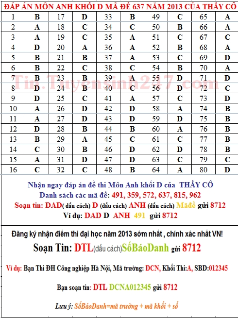 Dap an de thi dai hoc mon anh khoi D nam 2013