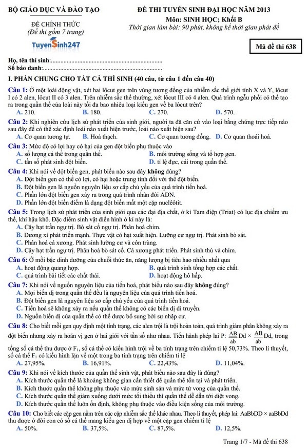 Dap an de thi dai hoc mon sinh khoi B nam 2013 ma de 638