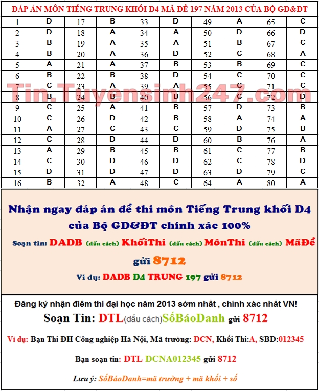 Dap an de thi mon tieng Trung khoi D nam 2013 cua bo GD&DT