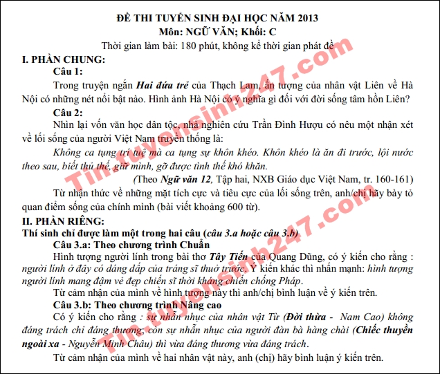 De thi dai hoc mon van khoi C nam 2013