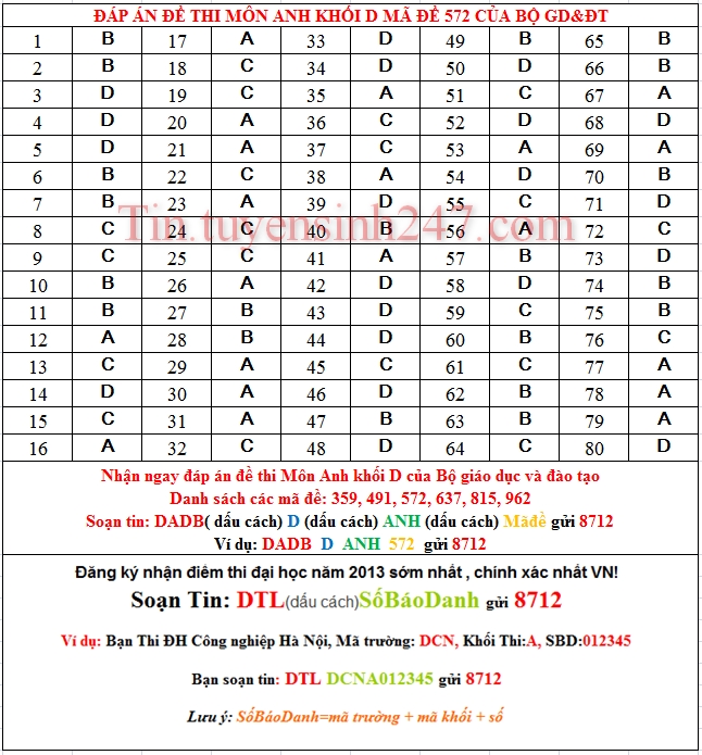 Dap an de thi dai hoc mon anh khoi D nam 2013 ma de 572