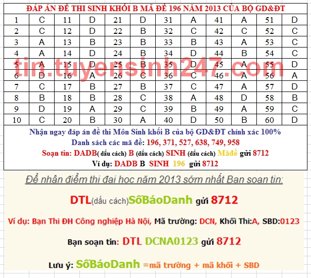 Dap an de thi dai hoc mon sinh khoi B nam 2013 ma de 196