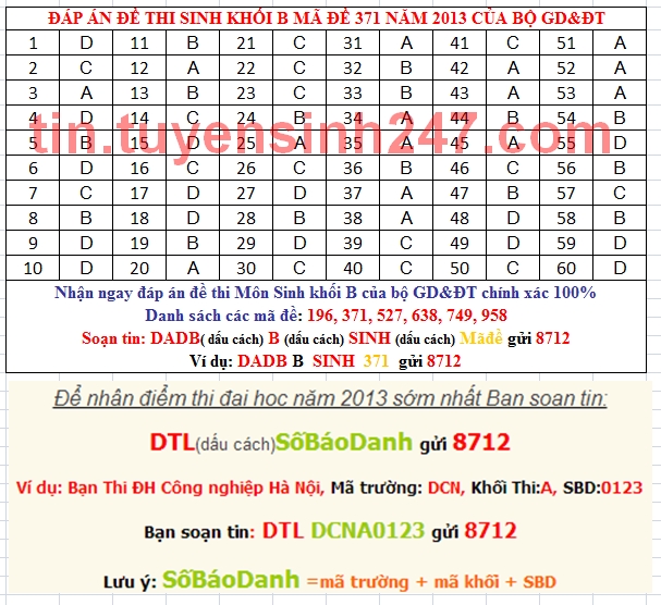 Dap an de thi dai hoc mon sinh khoi B nam 2013 ma de 371