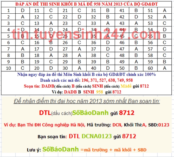 Dap an de thi dai hoc mon sinh khoi B nam 2013 ma de 958