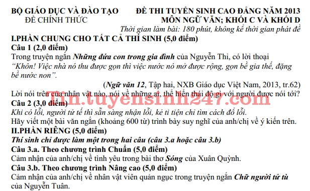 Dap an de thi cao dang mon van khoi C nam 2013