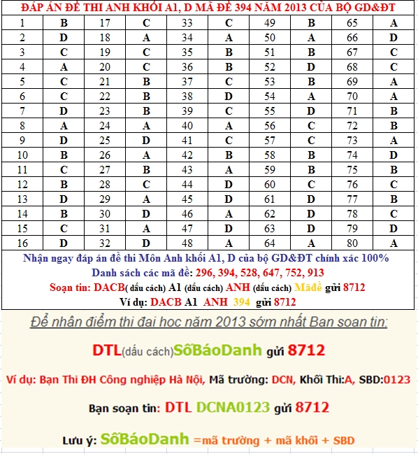 Dap an de thi cao dang mon anh khoi A1, D nam 2013 ma de 394
