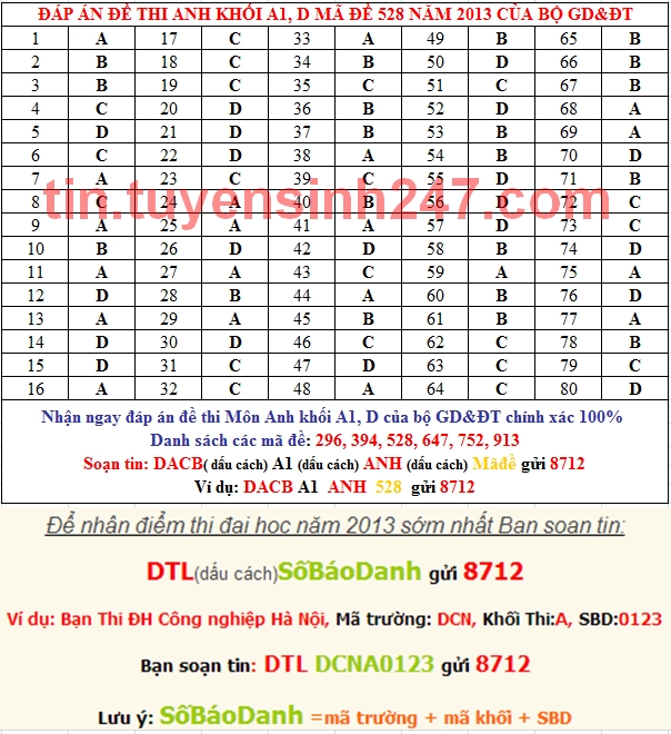 Dap an de thi cao dang mon anh khoi A1, D nam 2013 ma de 528