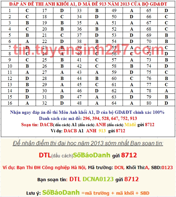 Dap an de thi cao dang mon anh khoi A1, D nam 2013 ma de 913