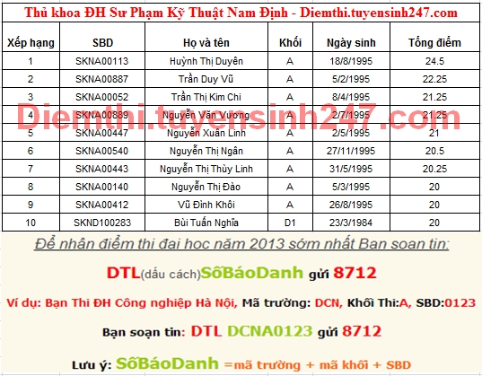 Diem thi Dai hoc Su pham Ky thuat Nam Dinh 2013