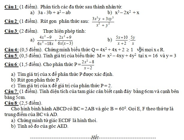 De thi hoc ki 1 lop 8 mon Toan nam 2013 (P1)
