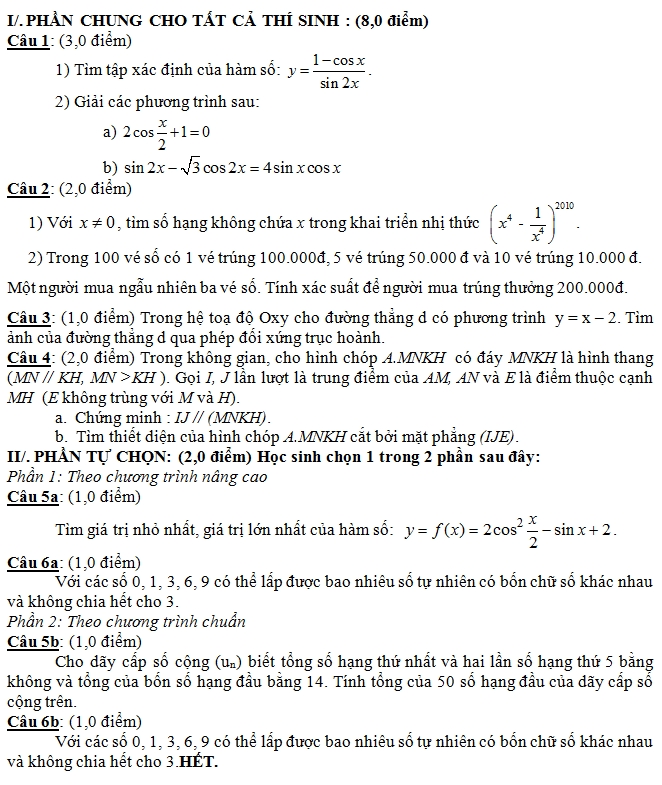 De thi hoc ki 1 lop 11 mon Toan nam 2013 (Phan 3)