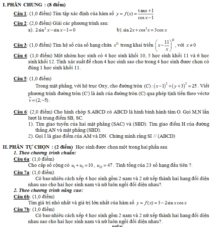 De thi hoc ki 1 lop 11 mon Toan nam 2013 (Phan 3)