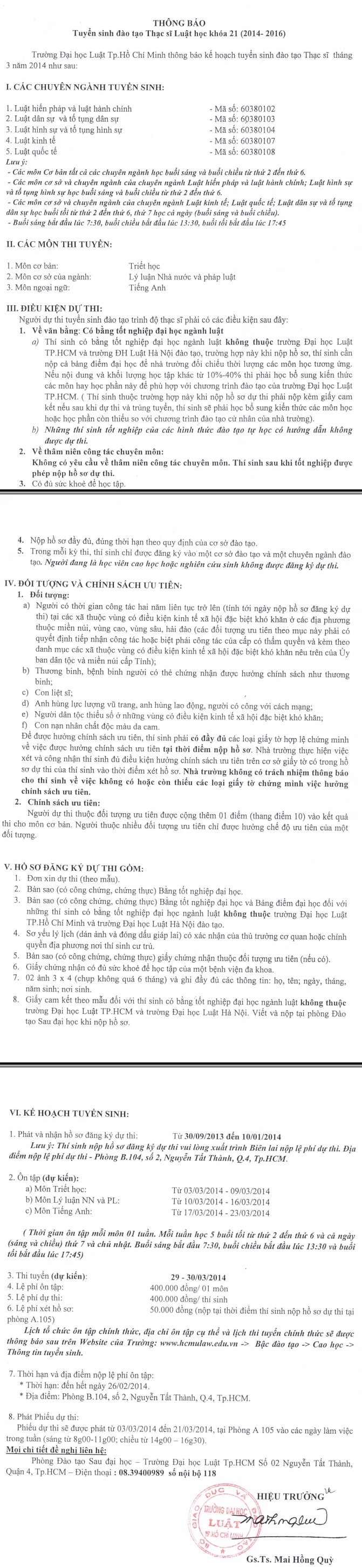 Tuyen sinh cao hoc nam 2014 Dai hoc Luat TPHCM