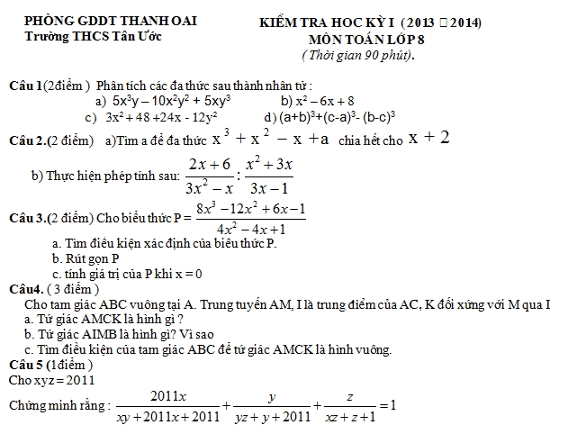 De thi hoc ki 1 lop 8 mon Toan nam 2013 (Phan 4)