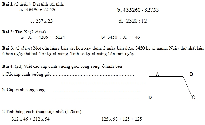 De thi hoc ki 1 lop 4 mon Toan nam 2013 (Phan 1)