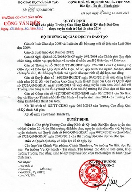 Chi tieu tuyen sinh Cao dang Kinh te - Ky Thuat Sai Gon nam 2014