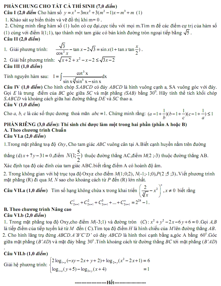 De thi thu dai hoc mon Toan co dap an nam 2014 (P1)