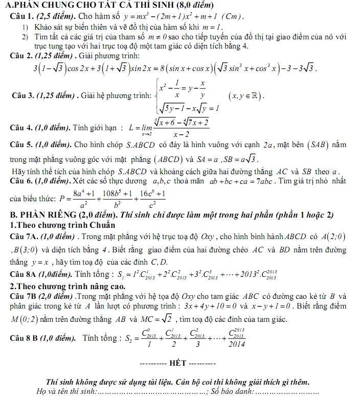 De thi thu dai hoc mon Toan co dap an nam 2014 (P1)