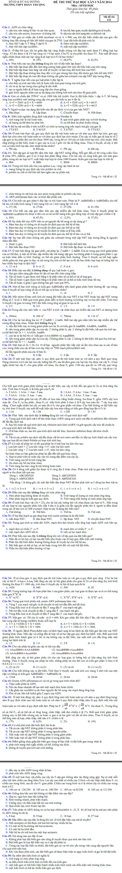 De thi thu dai hoc mon Sinh co dap an nam 2014 (P1)